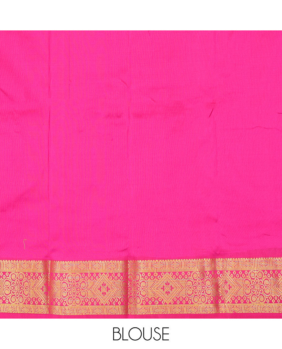 Green zari buttas navarathna pavadai material, contrast traditional design border & zari design blouse