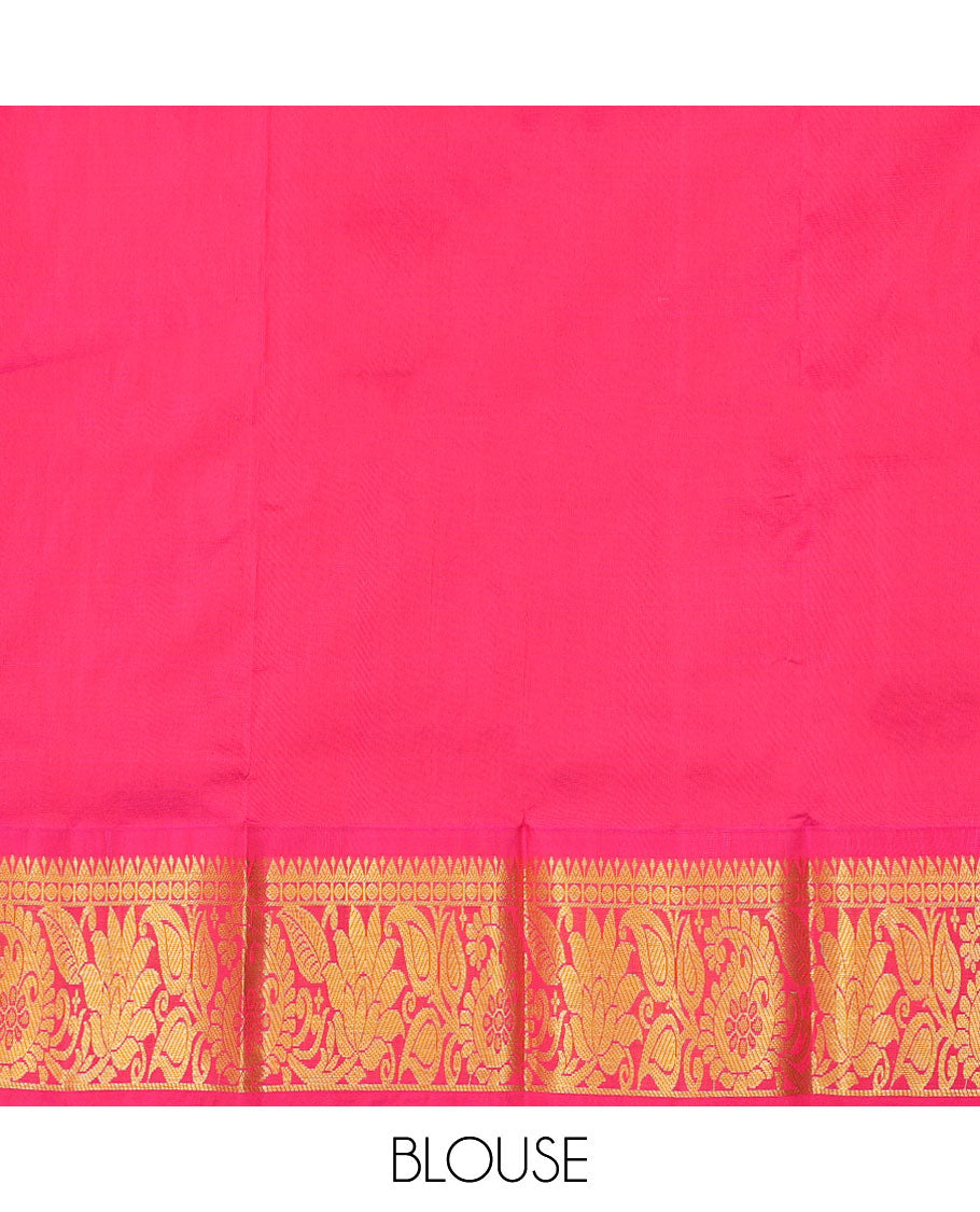 Turquoise zari buttas navarathna pavadai material, contrast traditional design zari border & zari design blouse