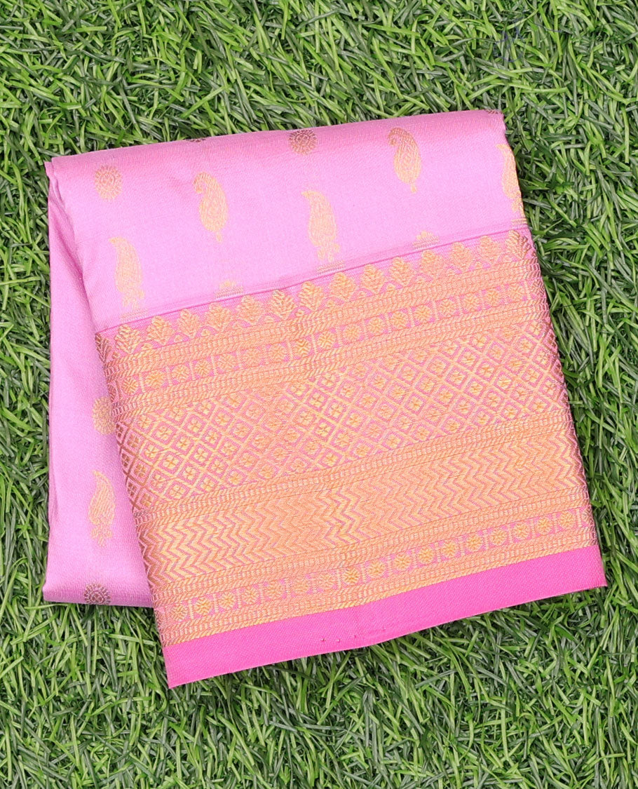 Pink zari buttas navarathna pavadai material, contrast zari blouse & border of traditional zari designs