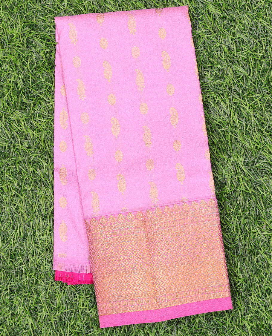 Pink zari buttas navarathna pavadai material, contrast zari blouse & border of traditional zari designs