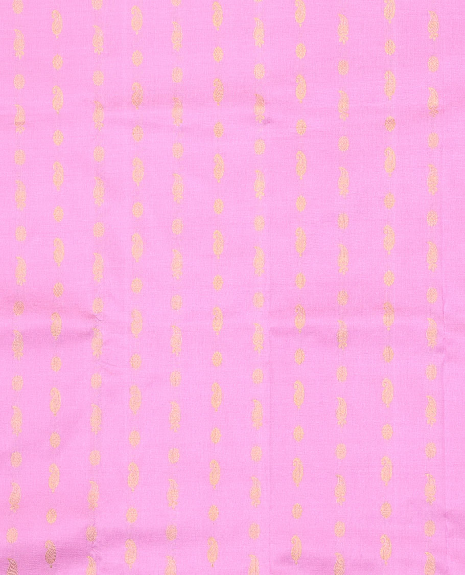 Pink zari buttas navarathna pavadai material, contrast zari blouse & border of traditional zari designs