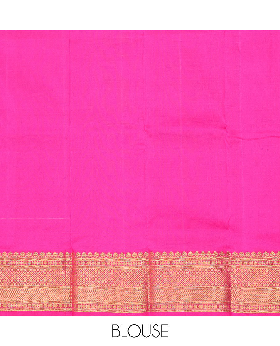 Pink zari buttas navarathna pavadai material, contrast zari blouse & border of traditional zari designs