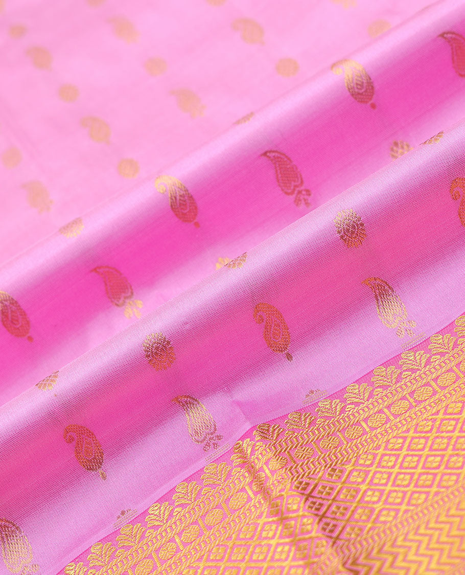 Pink zari buttas navarathna pavadai material, contrast zari blouse & border of traditional zari designs