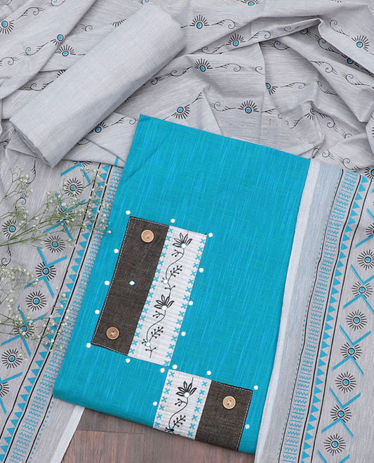 Blue chudidhar material set, patch embroidery with mirror work top, contrast plain bottom & geometric printed dupatta