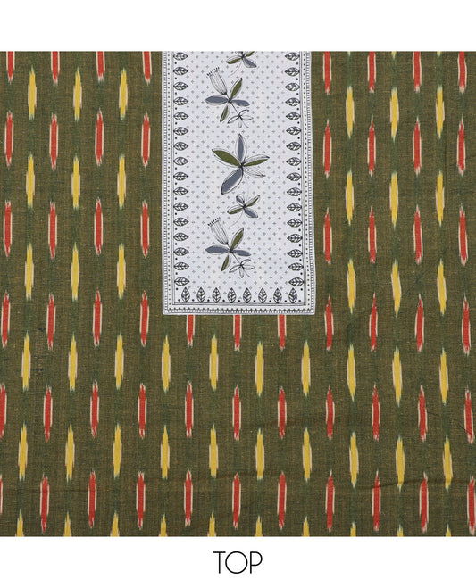 Green chudidhar material set, unique ikat buttas with patchwork top, contrast printed bottom & leaf printed dupatta 