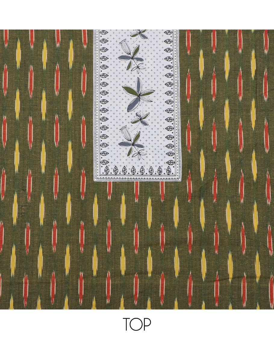 Green chudidhar material set, unique ikat buttas with patchwork top, contrast printed bottom & leaf printed dupatta 