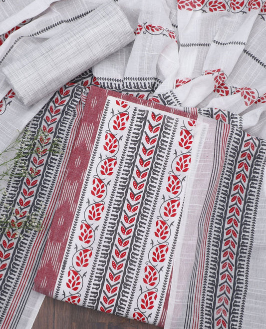 Red chudidhar material set,ikat ogee pattern with patchwork top, contrast printed bottom & leaf vine printed dupatta 