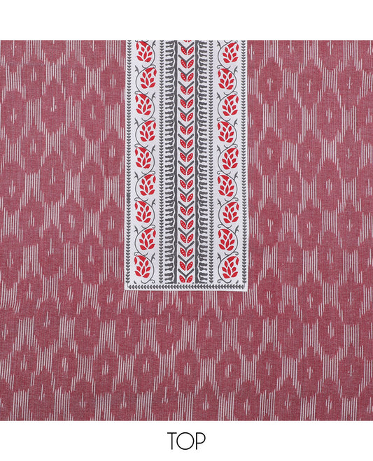 Red chudidhar material set,ikat ogee pattern with patchwork top, contrast printed bottom & leaf vine printed dupatta 