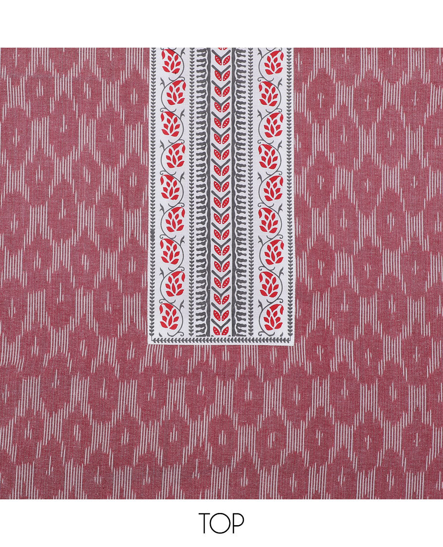 Red chudidhar material set,ikat ogee pattern with patchwork top, contrast printed bottom & leaf vine printed dupatta 
