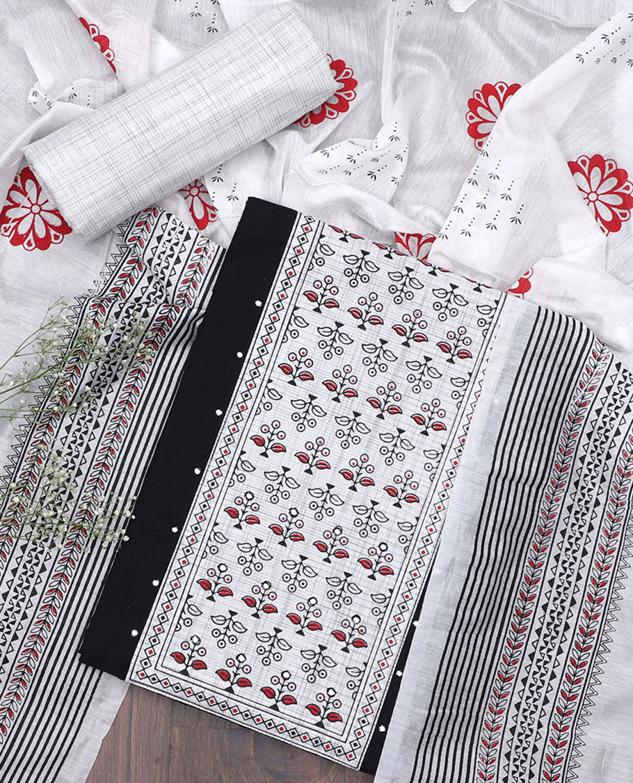 Black chudidhar material set, patch embroidered top, contrast printed bottom & floral motifs printed dupatta