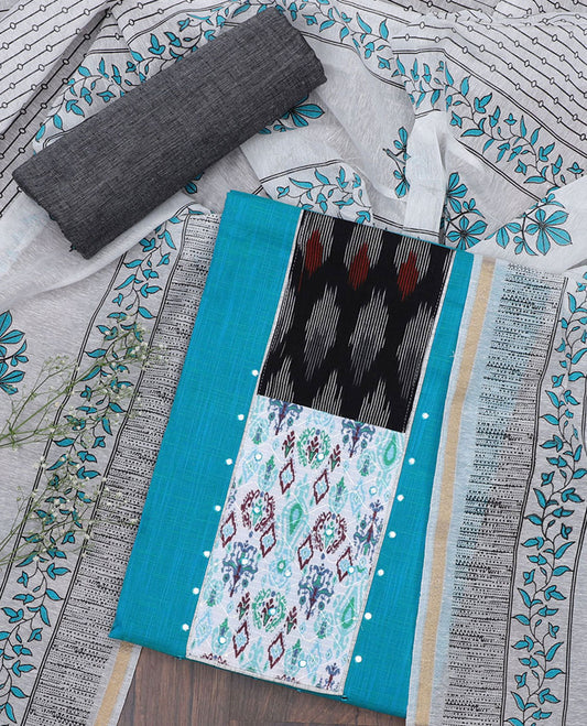 Blue chudidhar material set, patch embroidered top, contrast heathered bottom & floral vine printed dupatta
