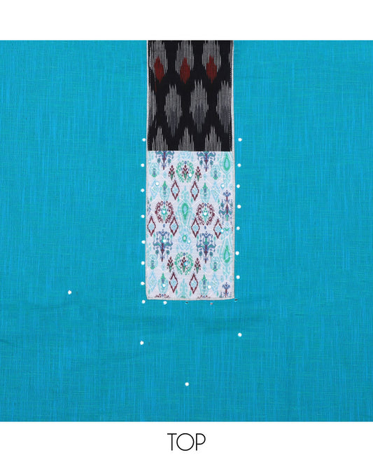 Blue chudidhar material set, patch embroidered top, contrast heathered bottom & floral vine printed dupatta