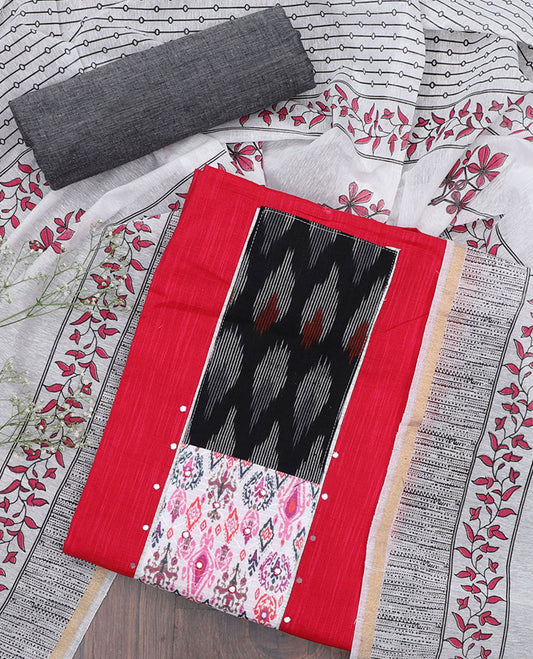 Red chudidhar material set, patch embroidered top, contrast heathered bottom & floral vine printed dupatta