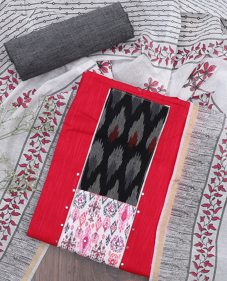 Red chudidhar material set, patch embroidered top, contrast heathered bottom & floral vine printed dupatta