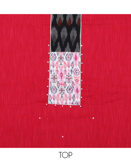 Red chudidhar material set, patch embroidered top, contrast heathered bottom & floral vine printed dupatta
