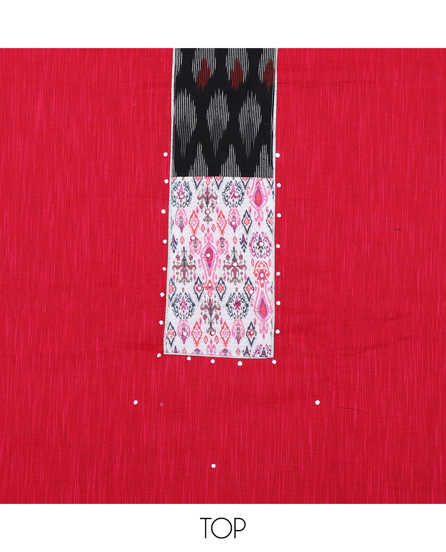 Red chudidhar material set, patch embroidered top, contrast heathered bottom & floral vine printed dupatta