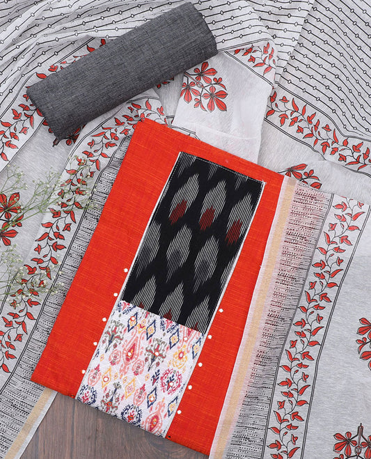 Red chudidhar material set, patch embroidered top, contrast heathered bottom & floral vine printed dupatta