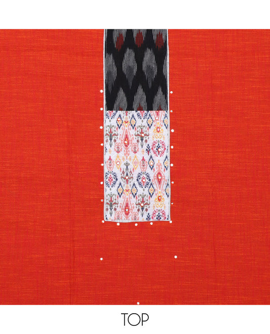 Red chudidhar material set, patch embroidered top, contrast heathered bottom & floral vine printed dupatta
