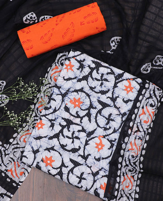 Multi-color chudidhar material,batik-style floral vine printed top,contrast leaf printed bottom & batik-printed dupatta