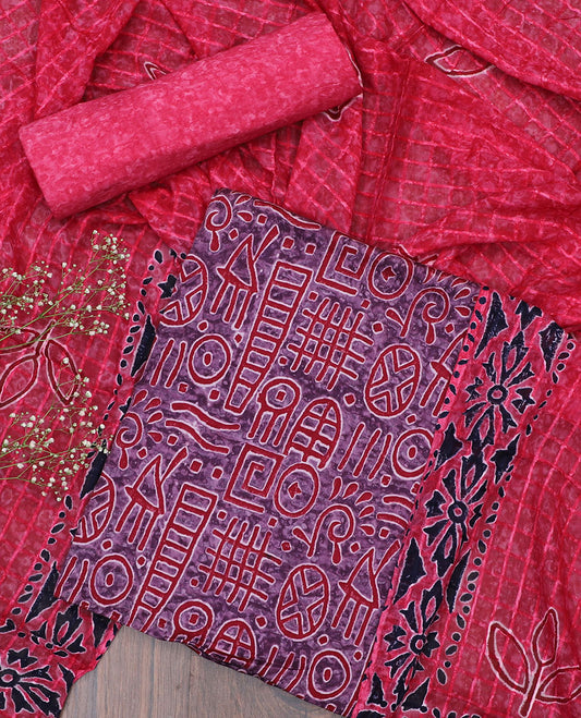 Purple chudidhar material set, geometric printed top, abstract printed bottom & dupatta of checks & batik-print