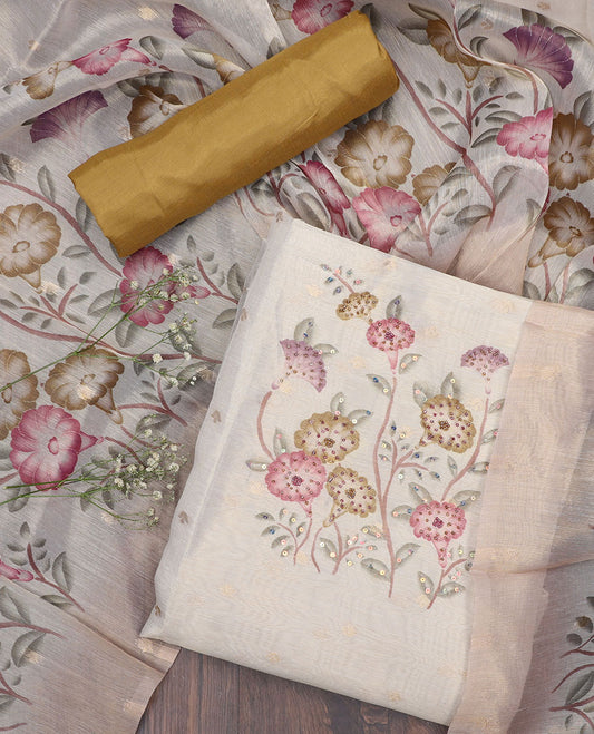 Cream material chudidhar set, floral print & embroidered top, contrast plain bottom & floral printed dupatta