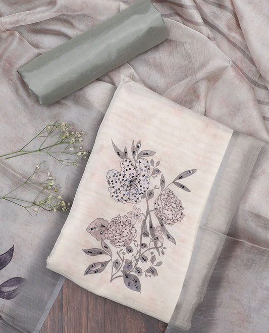 Cream material chudidhar set, floral print & embroidered top, contrast plain bottom & floral printed dupatta
