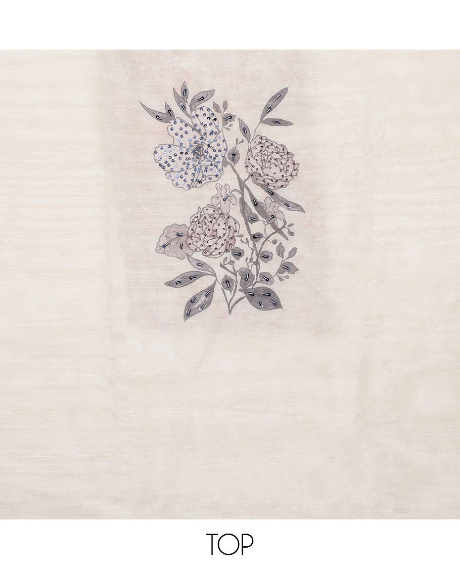 Cream material chudidhar set, floral print & embroidered top, contrast plain bottom & floral printed dupatta