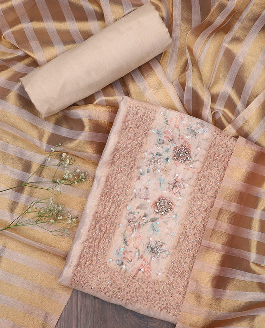 Peach material chudidhar set, neck embroidered top, plain bottom & gleaming striped dupatta