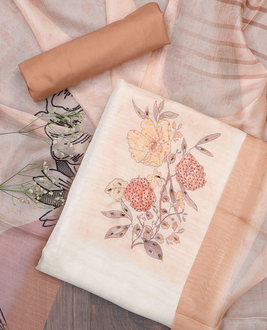 Cream material chudidhar set, floral print & embroidered cotton top, contrast plain bottom & floral printed dupatta