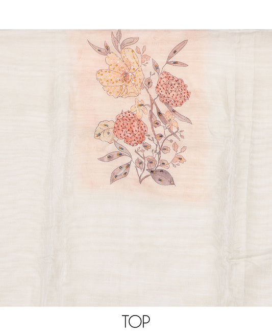 Cream material chudidhar set, floral print & embroidered cotton top, contrast plain bottom & floral printed dupatta