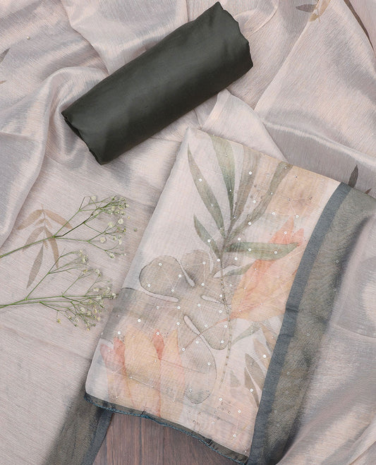 Off-white material chudidhar set,floral printed & sequins work cotton top, contrast plain bottom & leaf printed dupatta