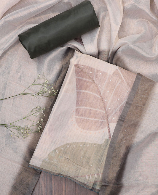 Off-white material chudidhar set, leaf printed & sequins work cotton top, contrast plain bottom & leaf printed dupatta