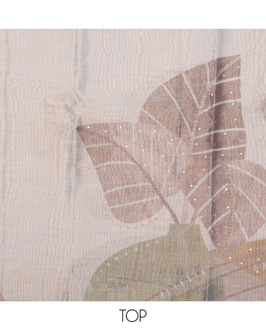 Off-white material chudidhar set, leaf printed & sequins work cotton top, contrast plain bottom & leaf printed dupatta