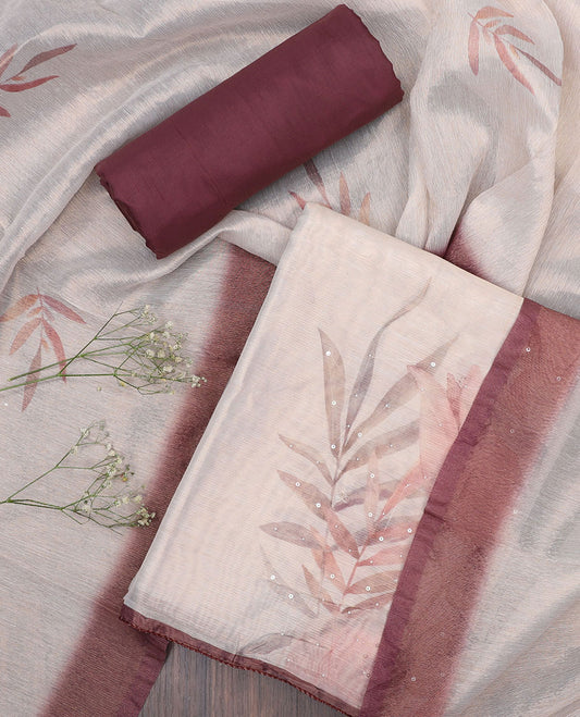Off-white material chudidhar set, floral printed & sequins work cotton top, contrast plain bottom & leaf printed dupatta
