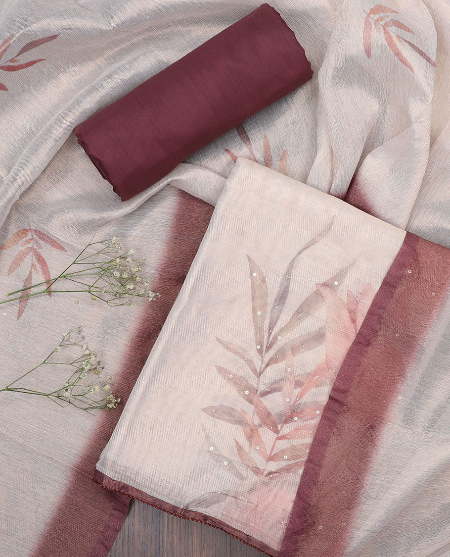 Off-white material chudidhar set, floral printed & sequins work cotton top, contrast plain bottom & leaf printed dupatta