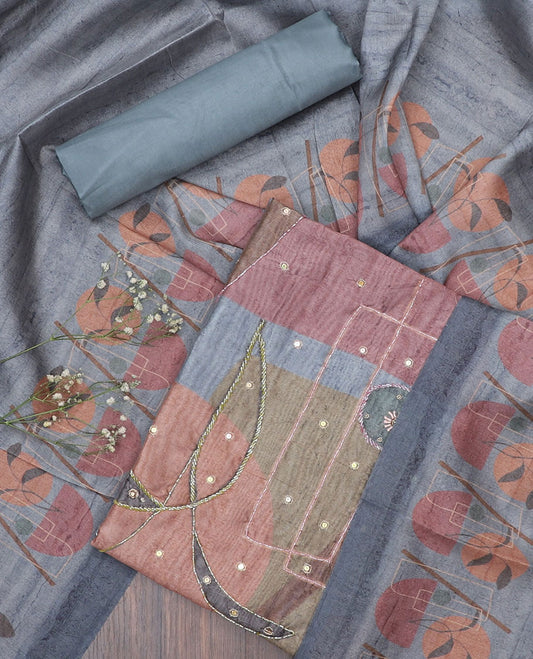 Grey material chudidhar set, geometric print & embroidered top, plain bottom & uniquely printed dupatta