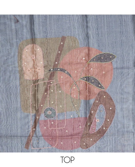 Grey material chudidhar set, geometric print & embroidered top, plain bottom & uniquely printed dupatta