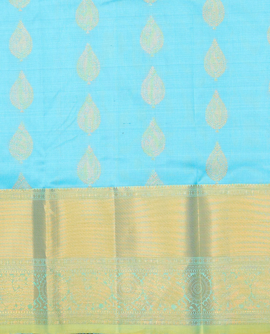 Blue zari design navarathna pavadai material, contrast blouse & border of traditional zari designs