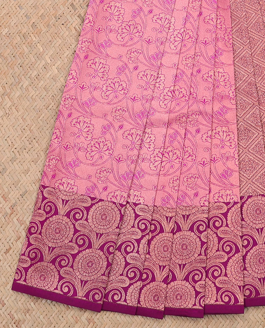 Pink jacquard kancheepuram wedding silksaree, contrast chakram design border & pallu of jaal design