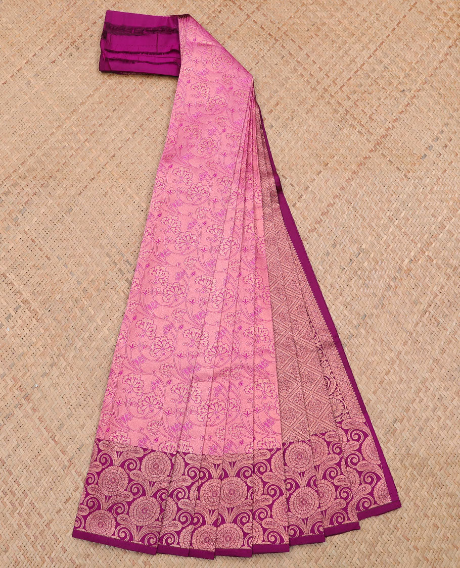 Pink jacquard kancheepuram wedding silksaree, contrast chakram design border & pallu of jaal design