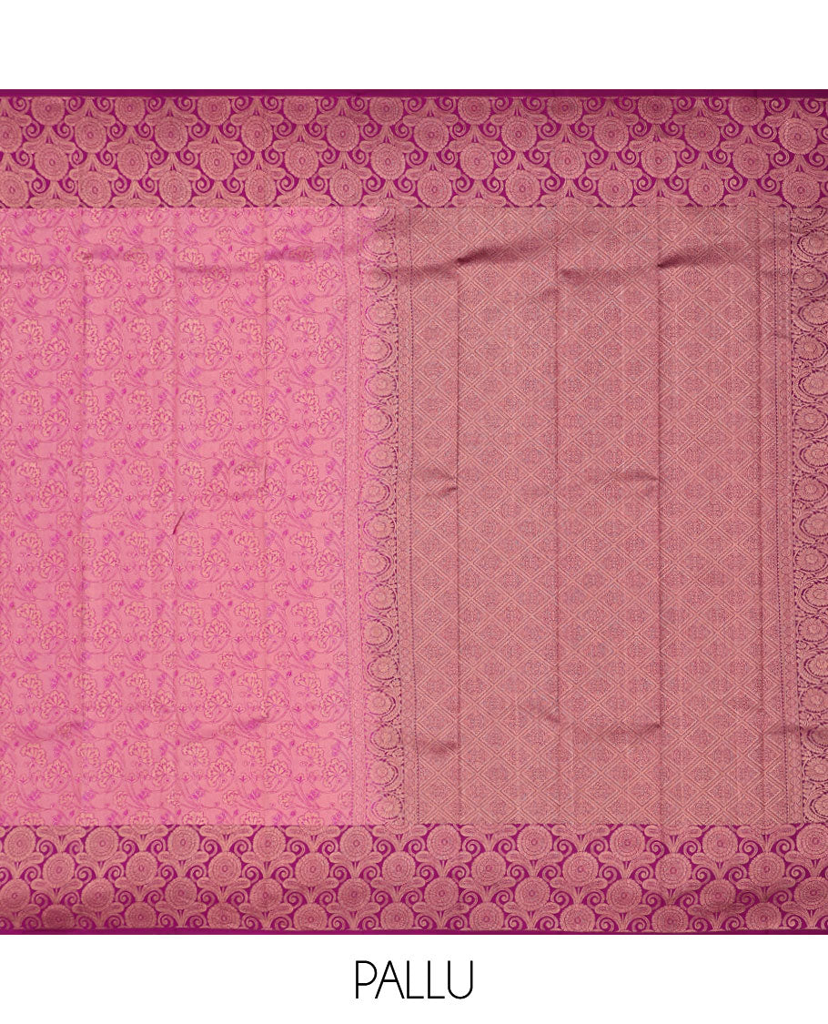 Pink jacquard kancheepuram wedding silksaree, contrast chakram design border & pallu of jaal design