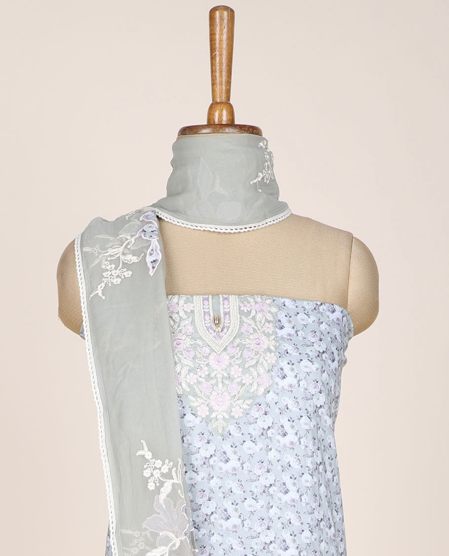 Grey chudidar material set, floral print & floral embroidered, plain bottom & floral design dupatta