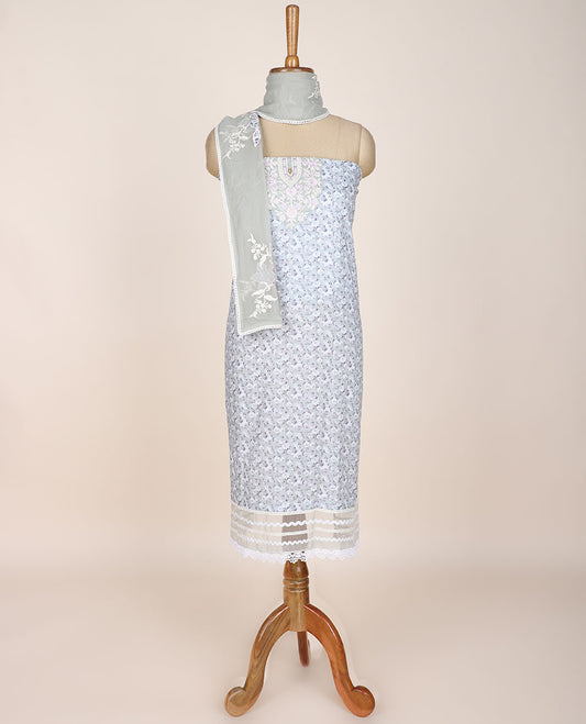 Grey chudidar material set, floral print & floral embroidered, plain bottom & floral design dupatta