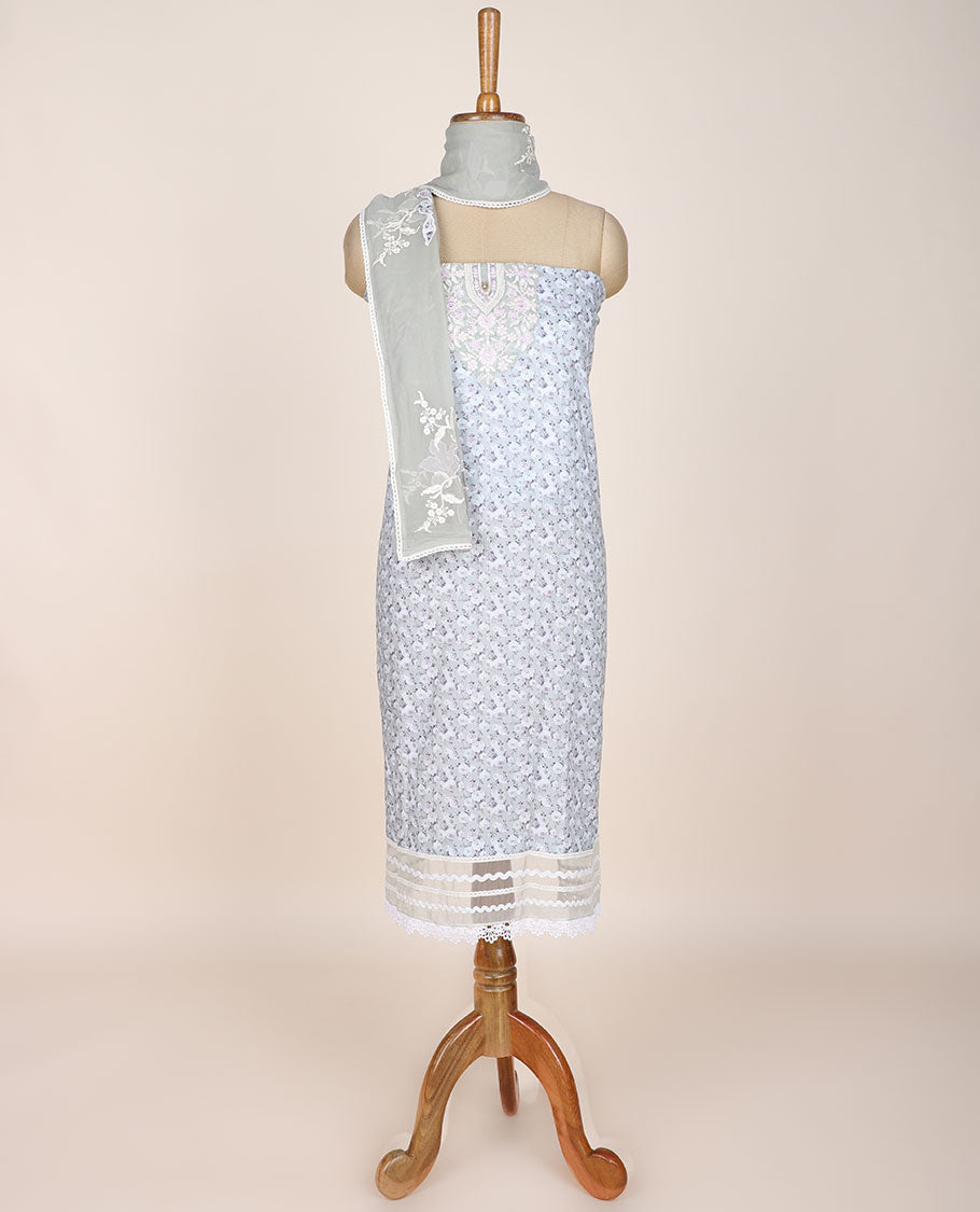 Grey chudidar material set, floral print & floral embroidered, plain bottom & floral design dupatta