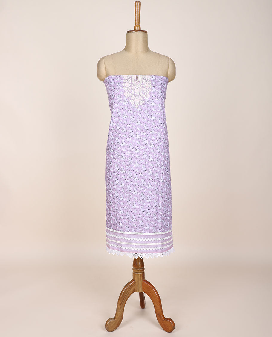 Lavender chudidar material set, floral print & floral embroidered, plain bottom & floral design dupatta