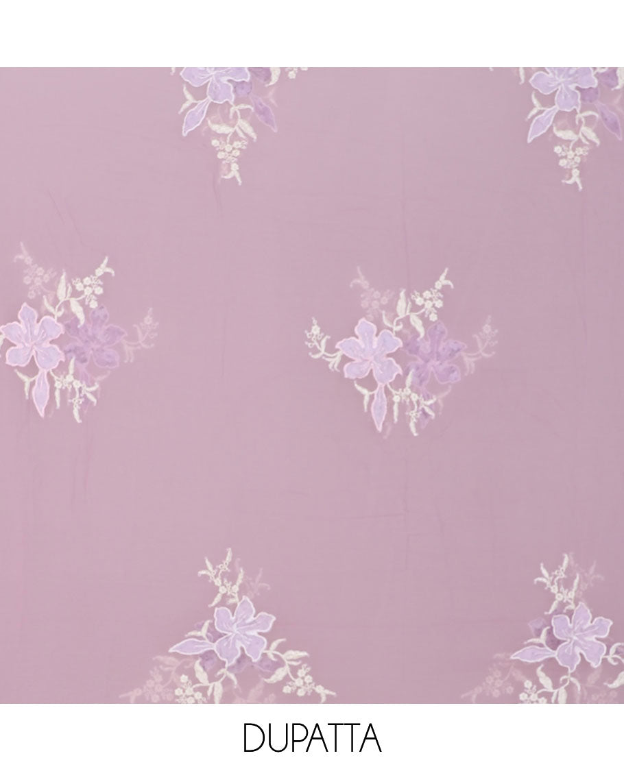 Lavender chudidar material set, floral print & floral embroidered, plain bottom & floral design dupatta