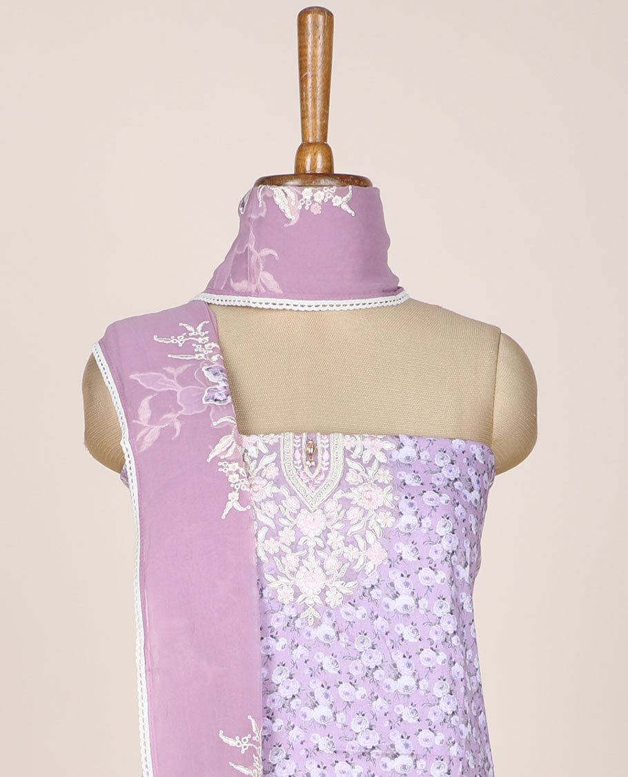 Lavender chudidar material set, floral print & floral embroidered, plain bottom & floral design dupatta