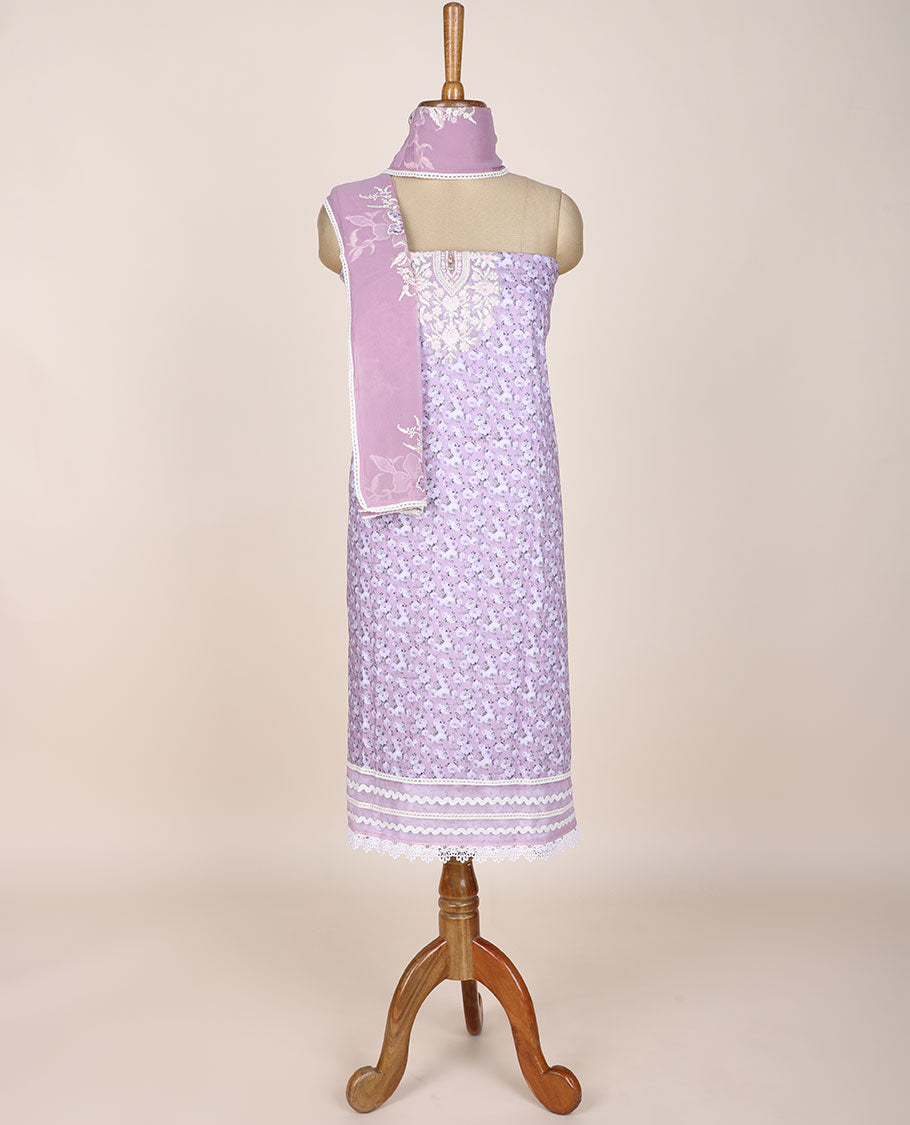 Lavender chudidar material set, floral print & floral embroidered, plain bottom & floral design dupatta