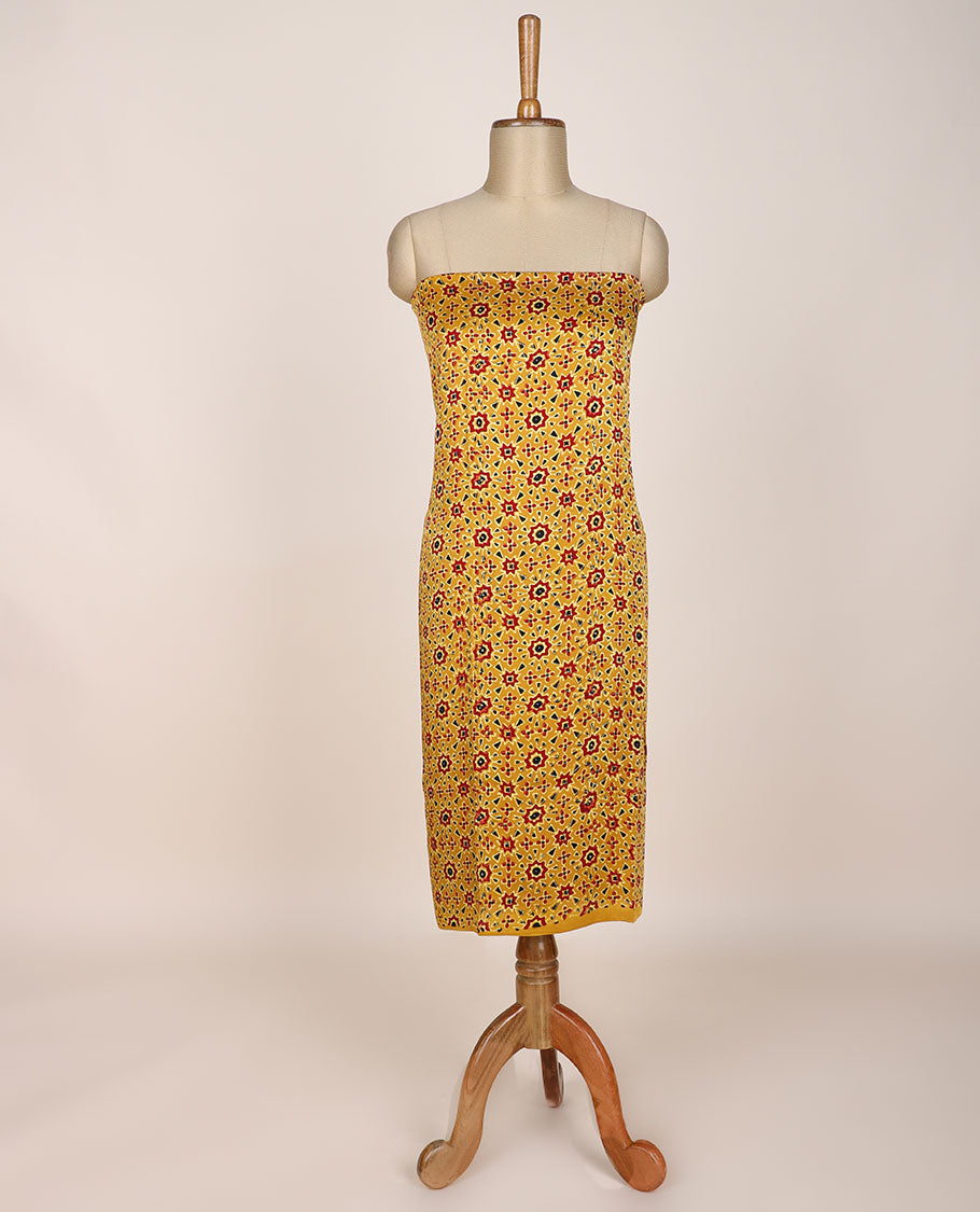 Yellow chudidar material set, ajrakh printed, plain bottom & intricately ajrakh printed dupatta
