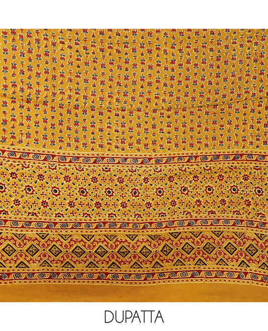 Yellow chudidar material set, ajrakh printed, plain bottom & intricately ajrakh printed dupatta